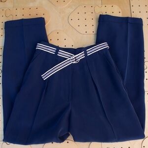 Vintage Jones New York 100% Silk Woman's Blue Trousers With Striped Belt Size 4P